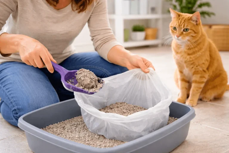 Cat watching while its litter box is being cleaned