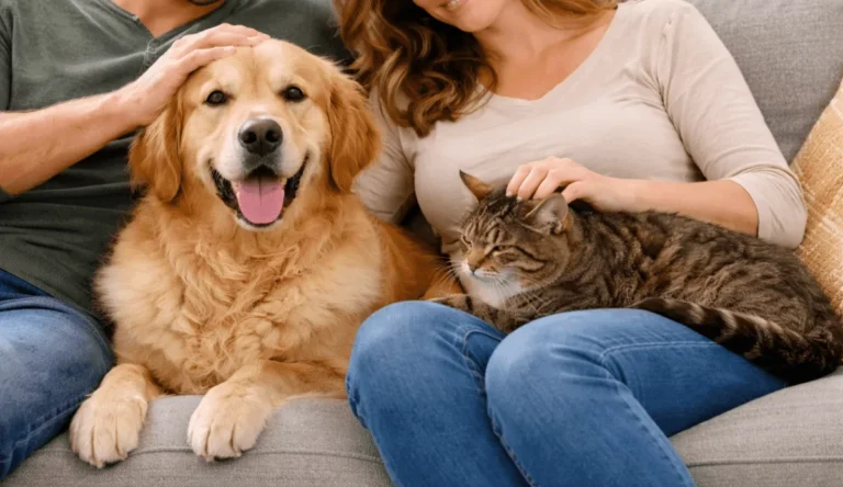 Happy golden retriever and cat relaxing with their owners on a sofa